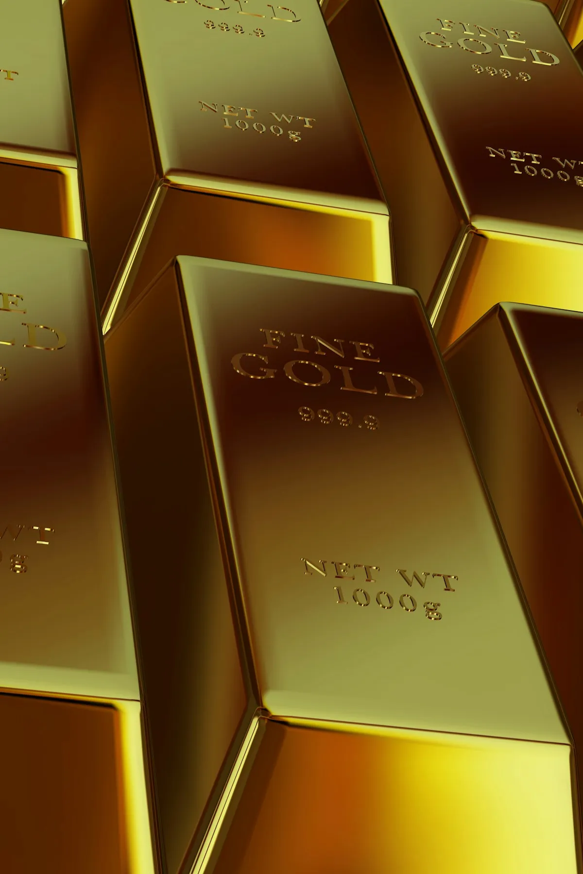 Gold bars arranged in rows — the universal standard unit of investment gold is the troy ounce