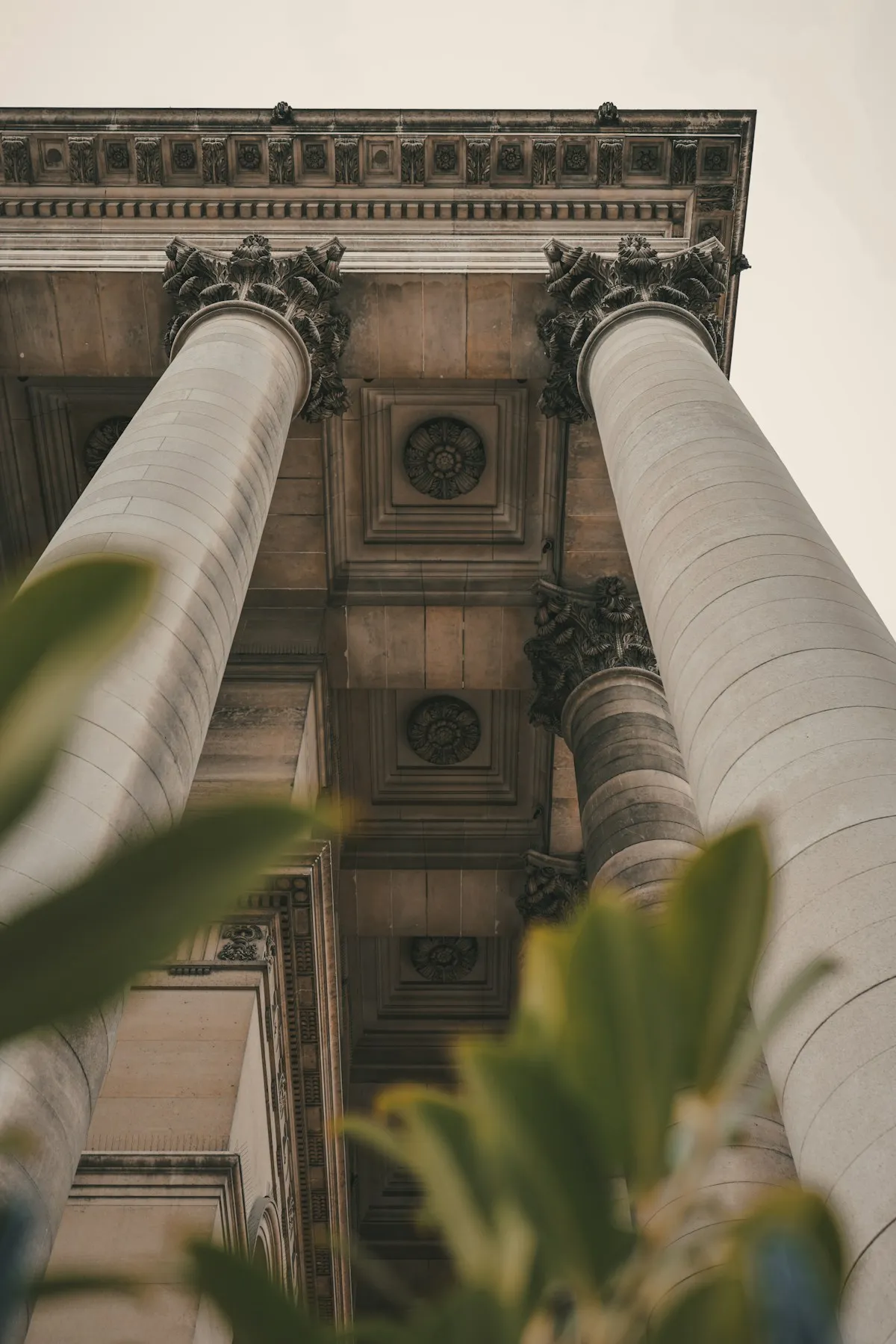 Ornate institutional columns framed by blurred autumn foliage, evoking the architecture of central banking power