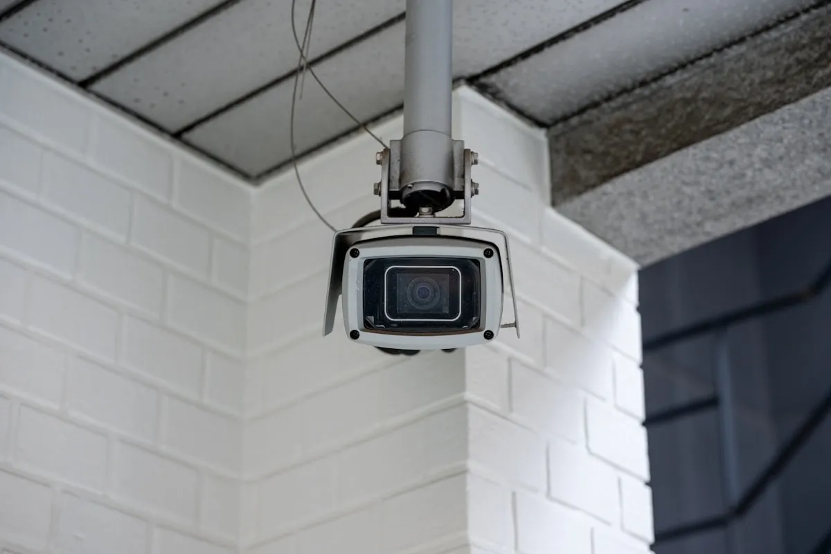 A security camera mounted on a white brick wall, the visible presence of surveillance technology serves as both deterrent and detection in a layered defense strategy