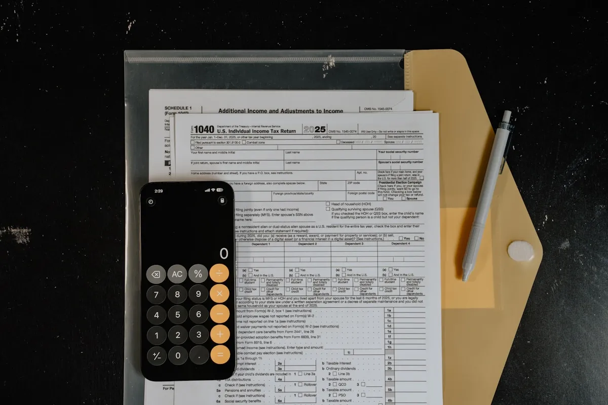 A calculator and pen resting on tax forms — careful financial planning is essential before your first gold purchase